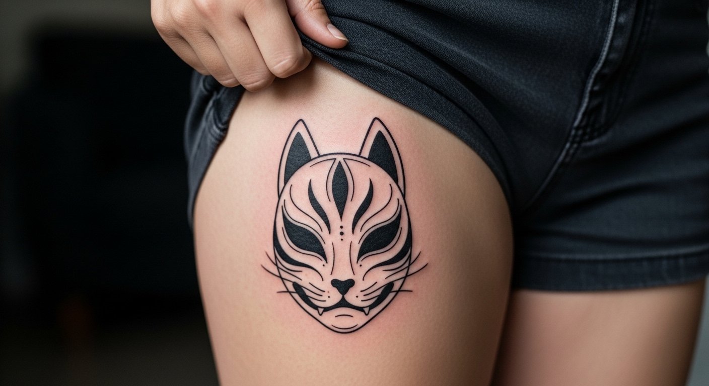 21 Japanese Mask Tattoo on Thigh Designs