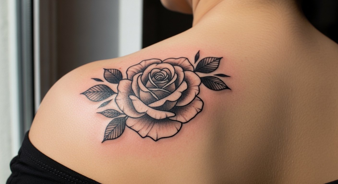 17 Black And Grey Flower Shoulder Tattoo Designs
